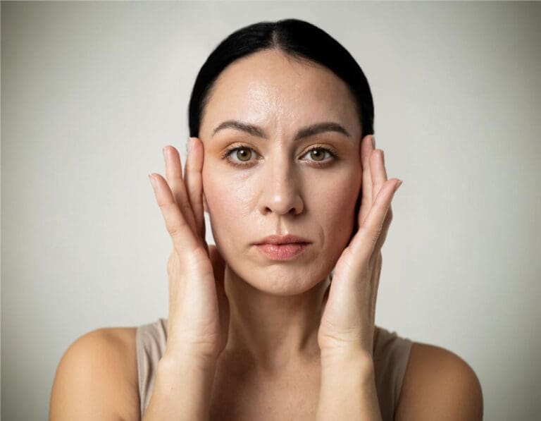 Brunette woman checks her results of her cheek dermal fillers treatment rejuvenation results