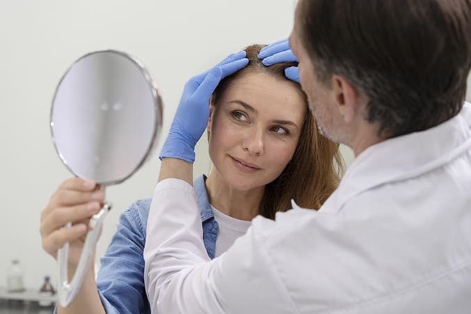 Woman receiving PRP Injection for Hair Loss Treatment by Specialist while looking in the mirror