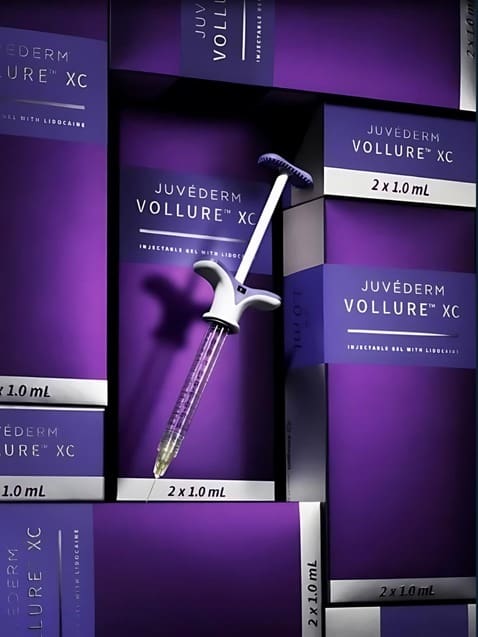 Juvederm Vollure™ XC product boxes displayed for wrinkle correction.