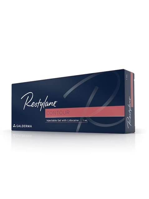 Restylane® Contour filler product displayed for facial volume enhancement.