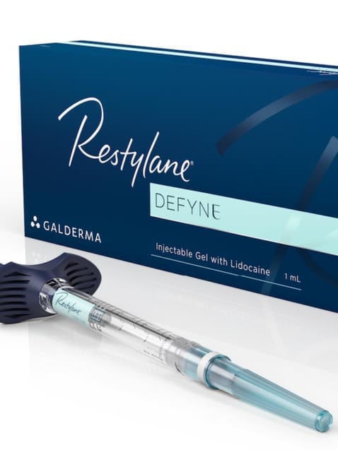 Restylane® Defyne syringe and box displayed for wrinkle correction.