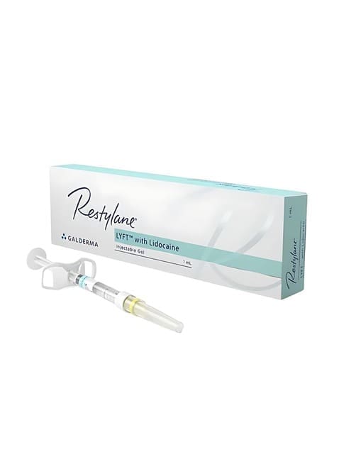 Restylane® Lyft syringe and box displayed for facial volume restoration.